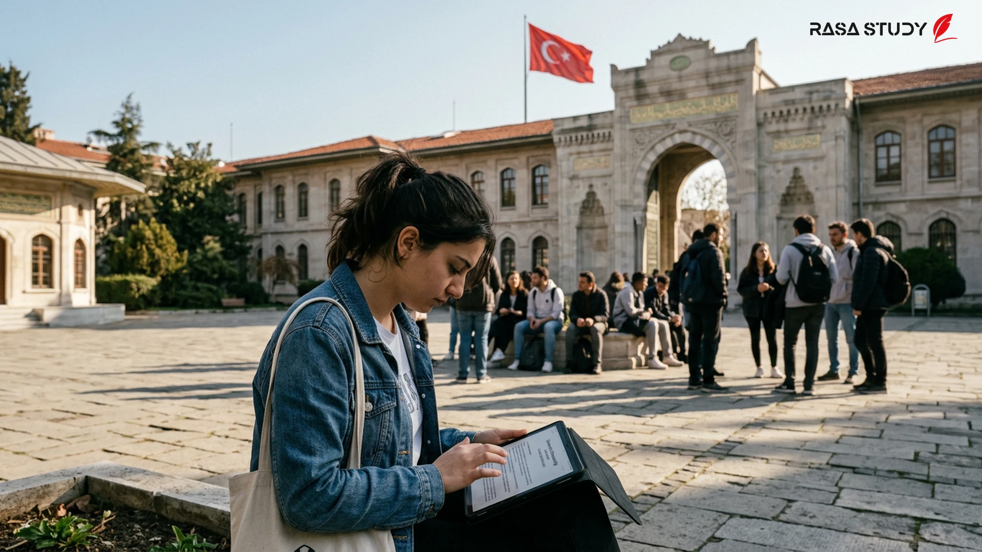 Türkiye'de bir üniversite idari binası ve yeni yönetmeliği inceleyen öğrenciler