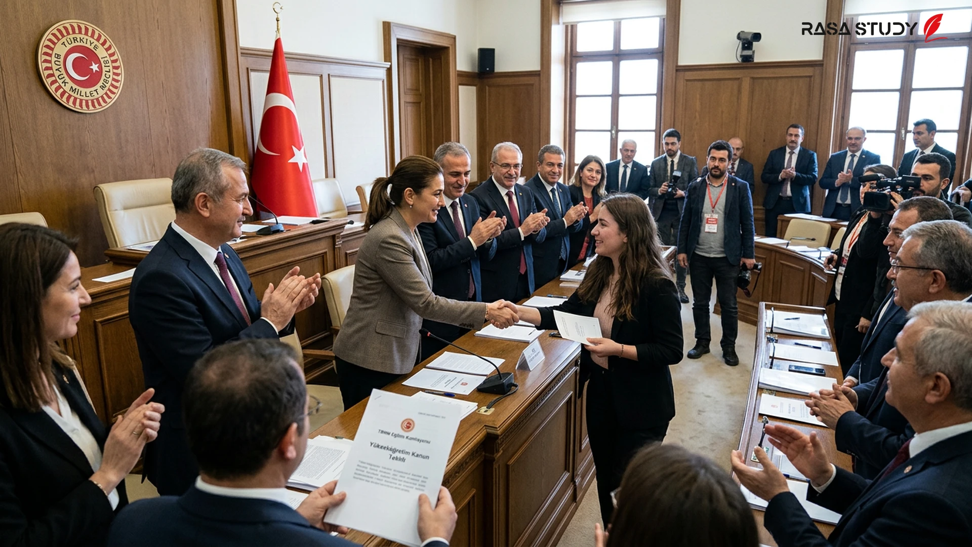 A view of the Turkish Parliament building and students studying new educational laws