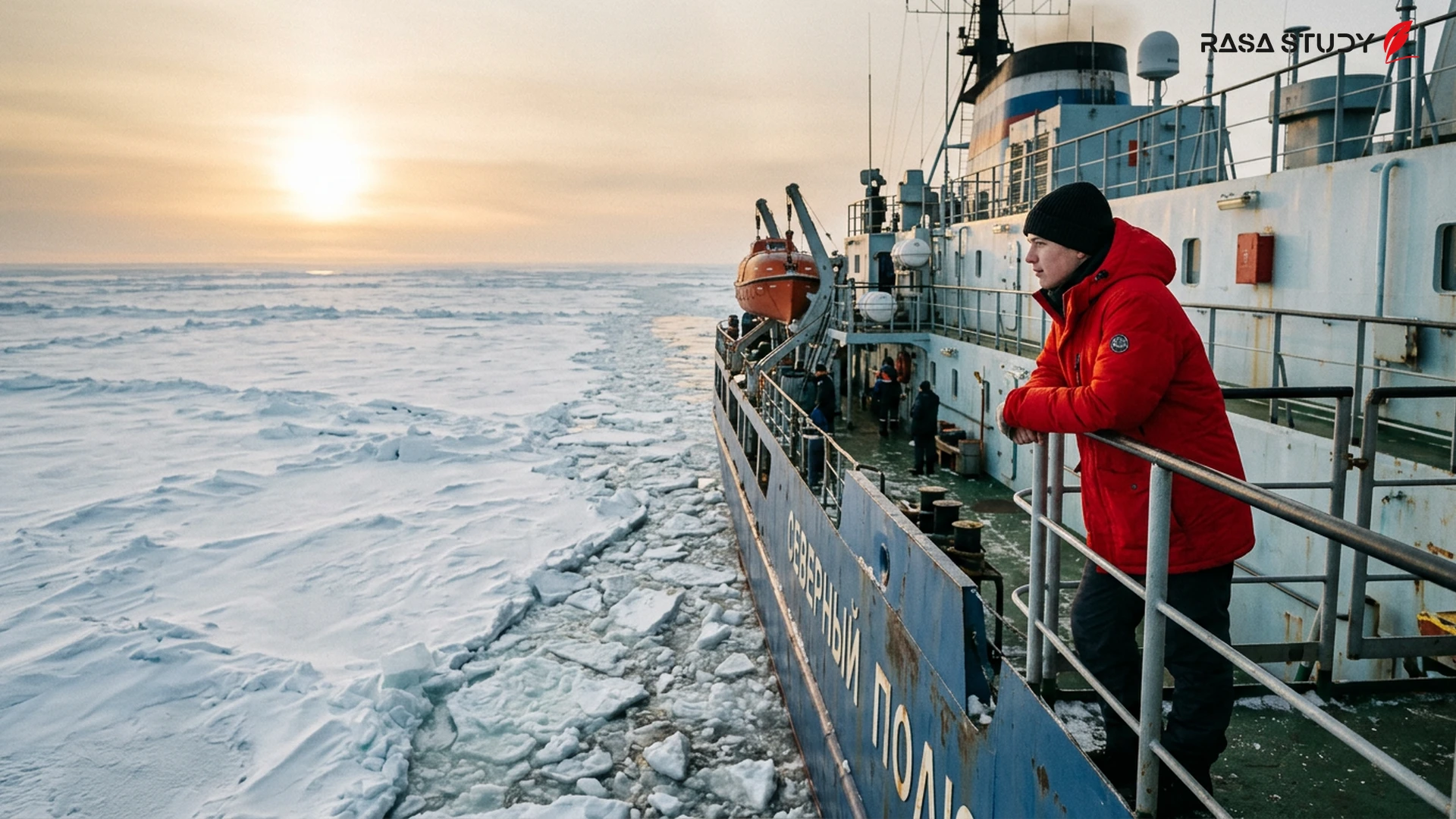 A nuclear icebreaker breaking through North Pole ice