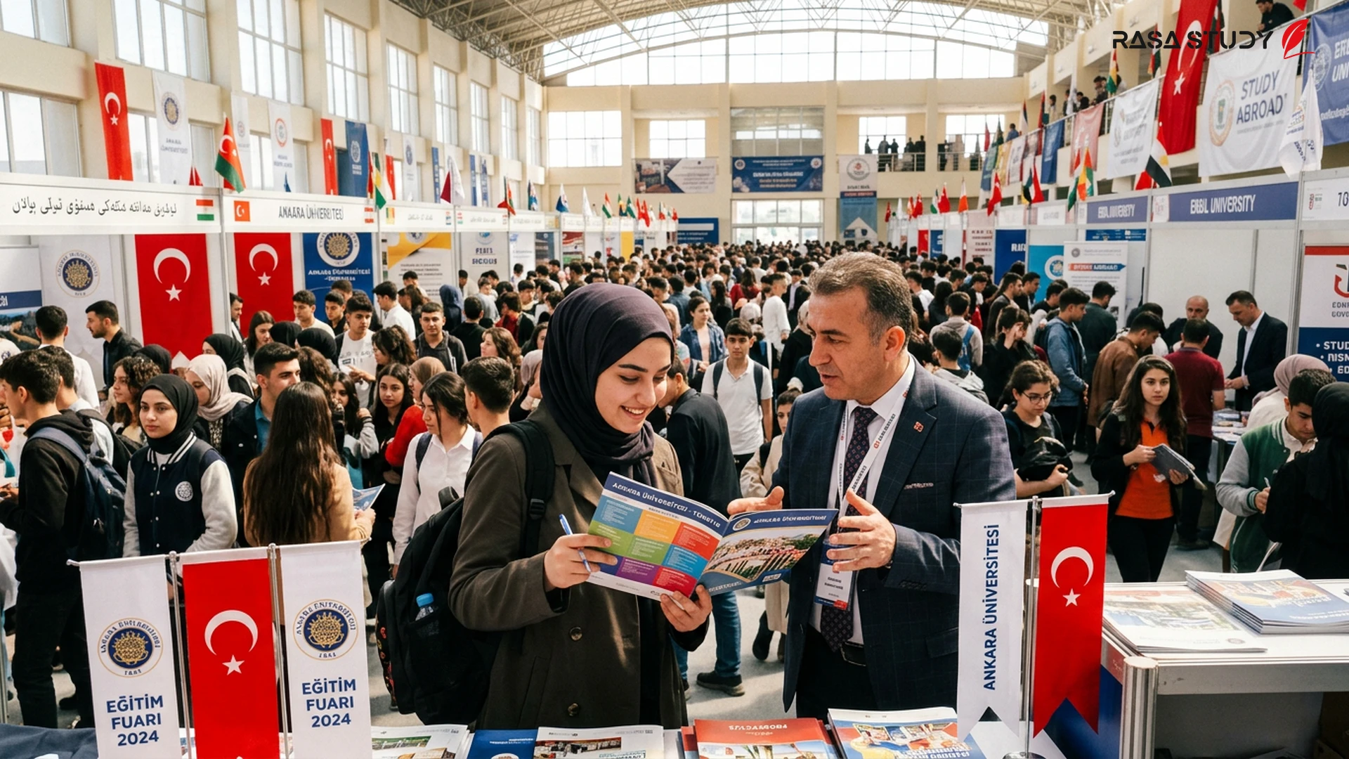 طلاب يتحدثون مع ممثلي الجامعات التركية في معرض أربيل