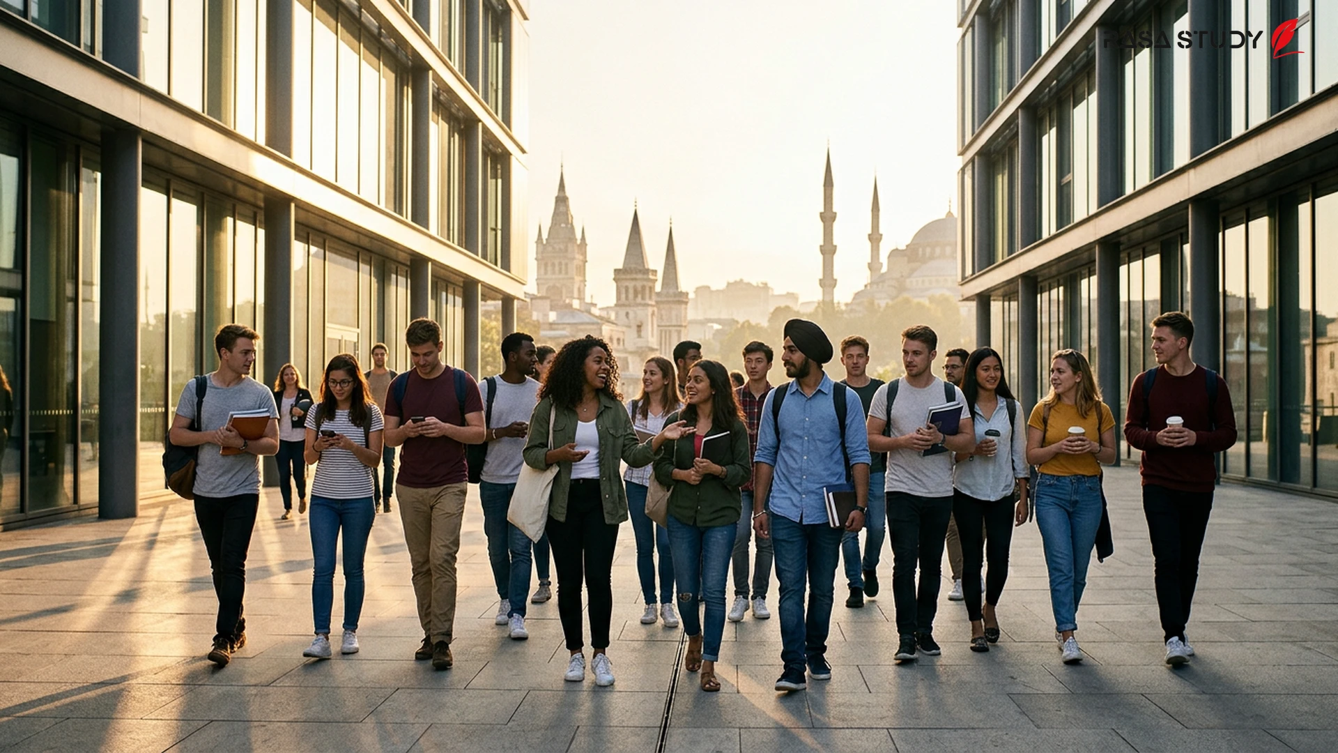 International students in a modern library with UK and Turkey flags