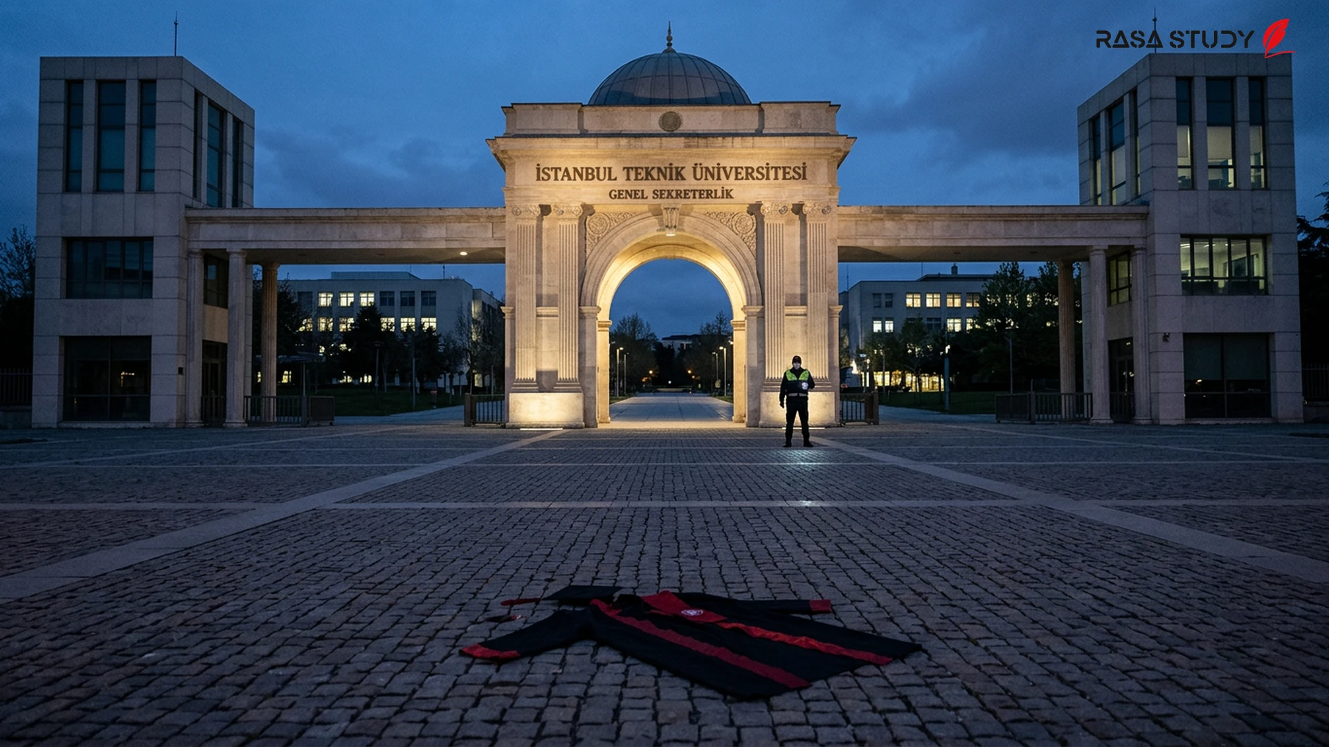 An image of a university building in Turkey with symbols of justice and higher education