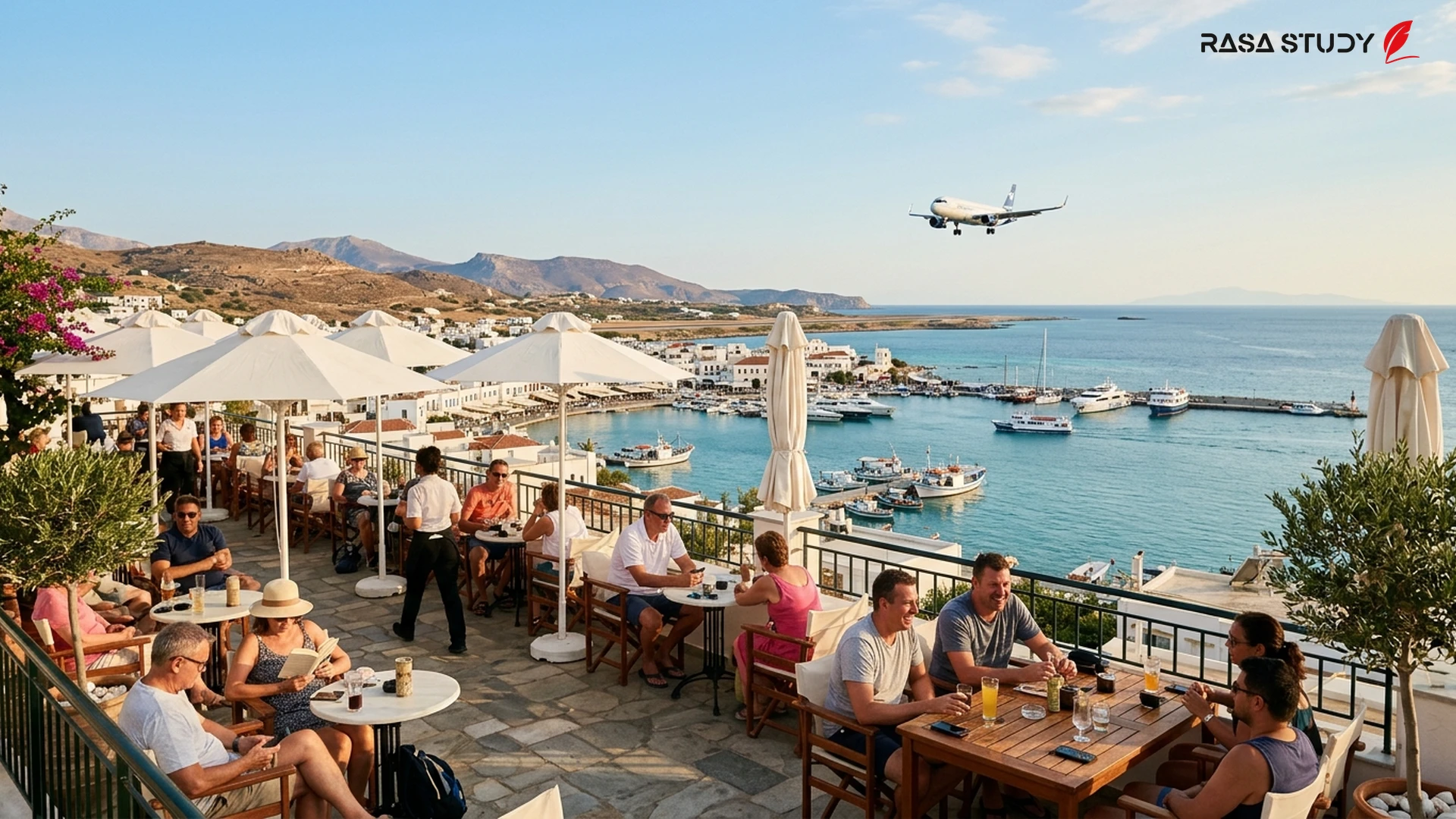 Akdeniz bölgesinde barış sembolleri ve turizm sektörünü temsil eden bir görsel