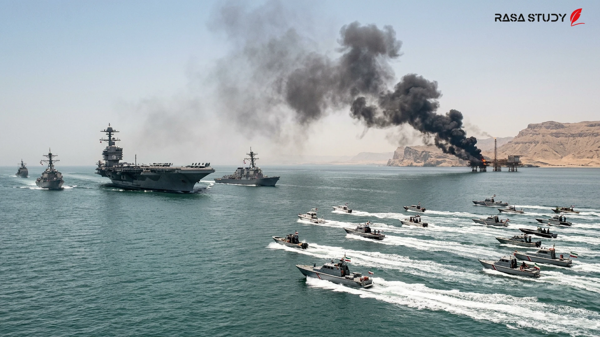 An image of financial market turmoil and military maps in the Persian Gulf and the Strait of Hormuz in 2026