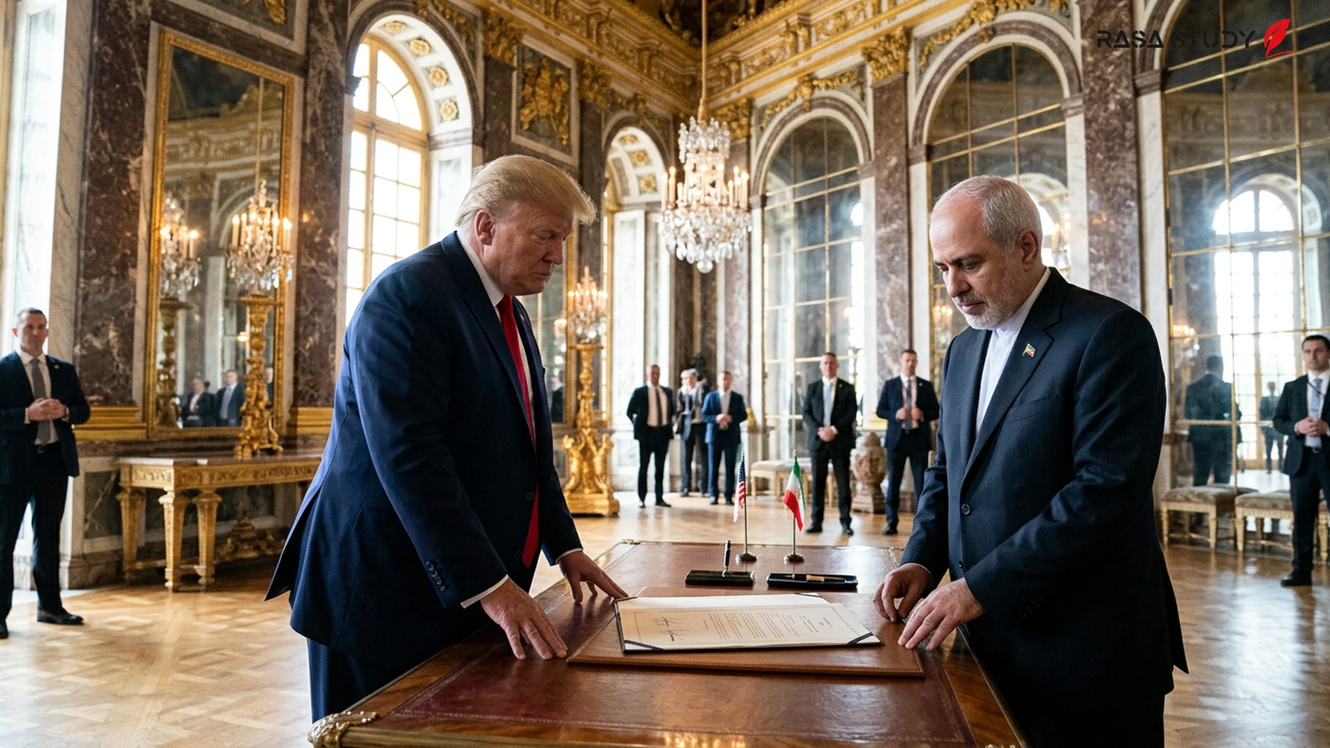 دونالد ترامپ در حال امضای تفاهمنامه با ایران در ورسای ۲۰۲۶