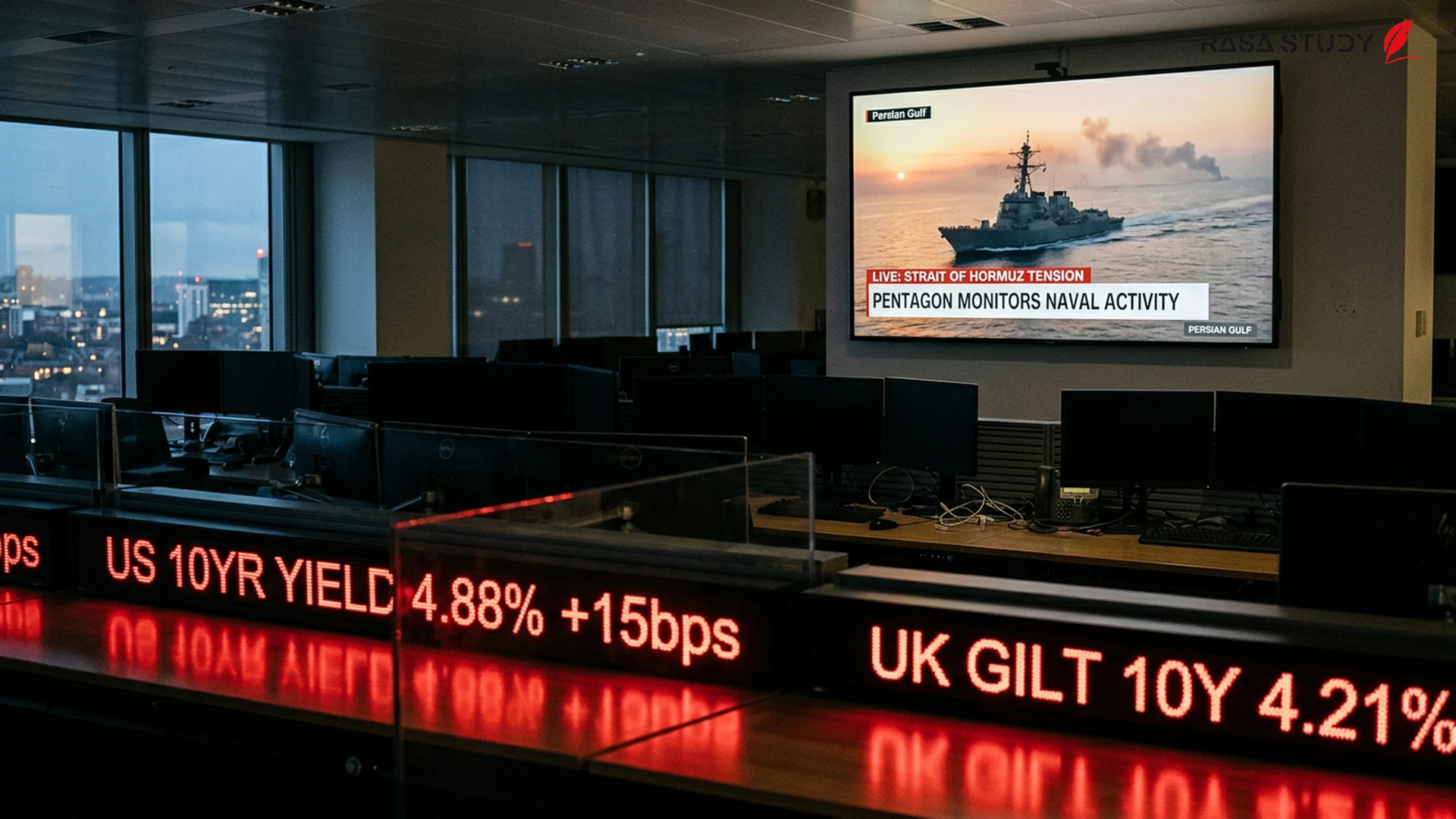 Downward financial market chart with Iranian and US flags in the background of military conflict