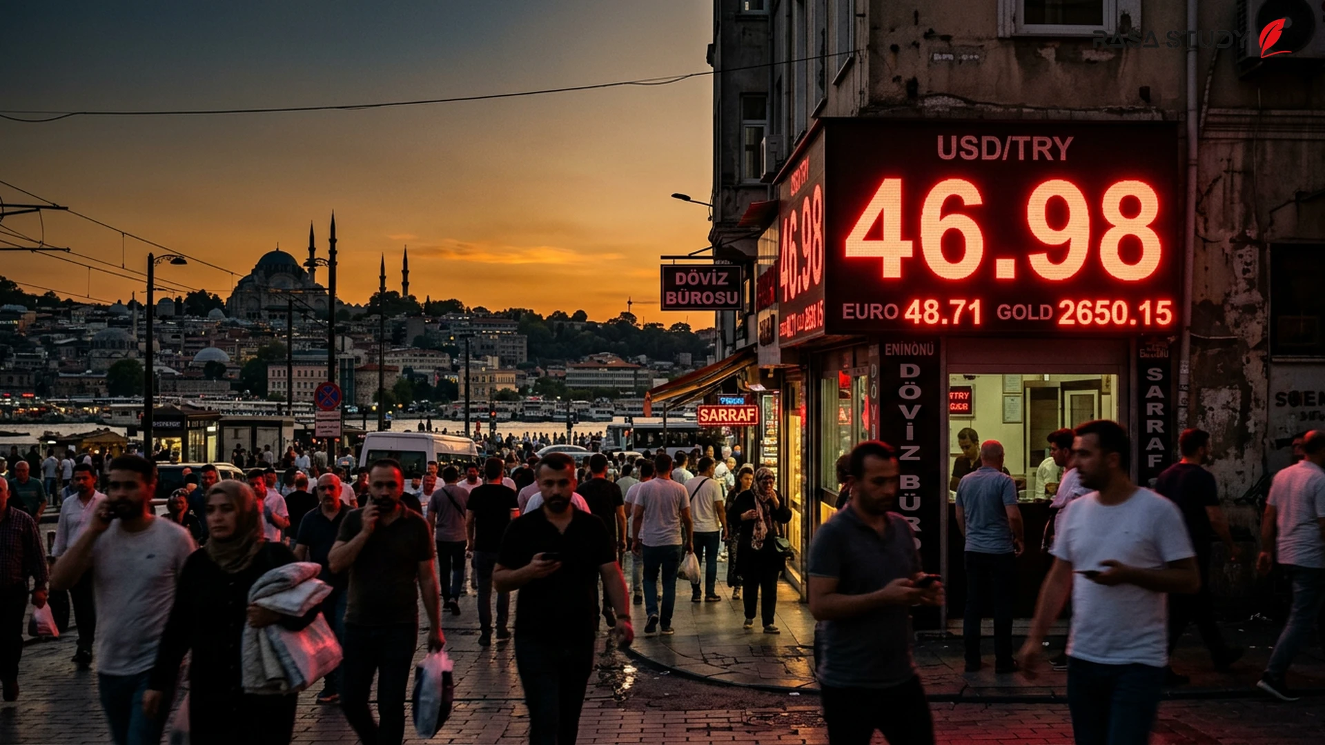 Chart showing the dollar price increase against the Turkish Lira and an exchange office board in Istanbul