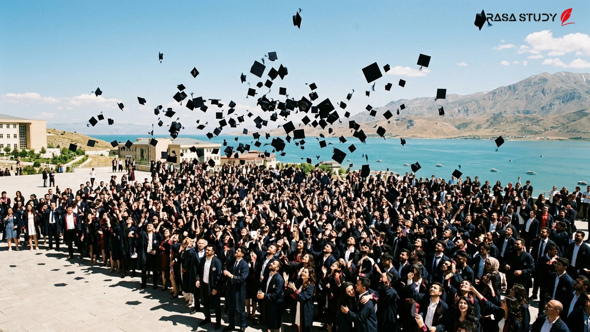 Graduation ceremony of Van Yüzüncü Yıl University students tossing caps into the sky