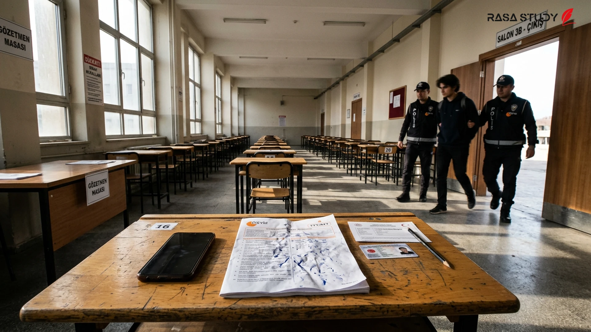 Security forces and seized cheating equipment in the Turkish university exam