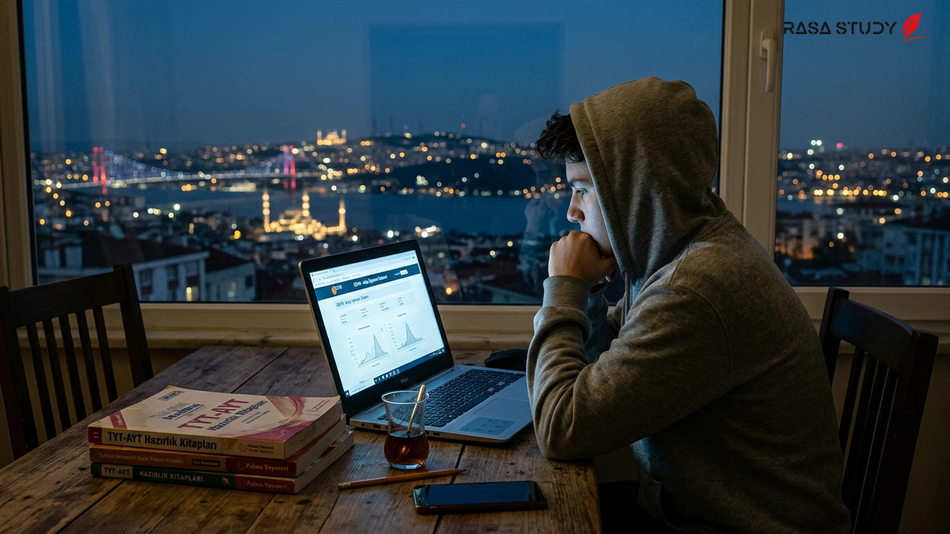 داوطلبان در حال بررسی نتایج آزمون YKS روی صفحه نمایش لپتاپ