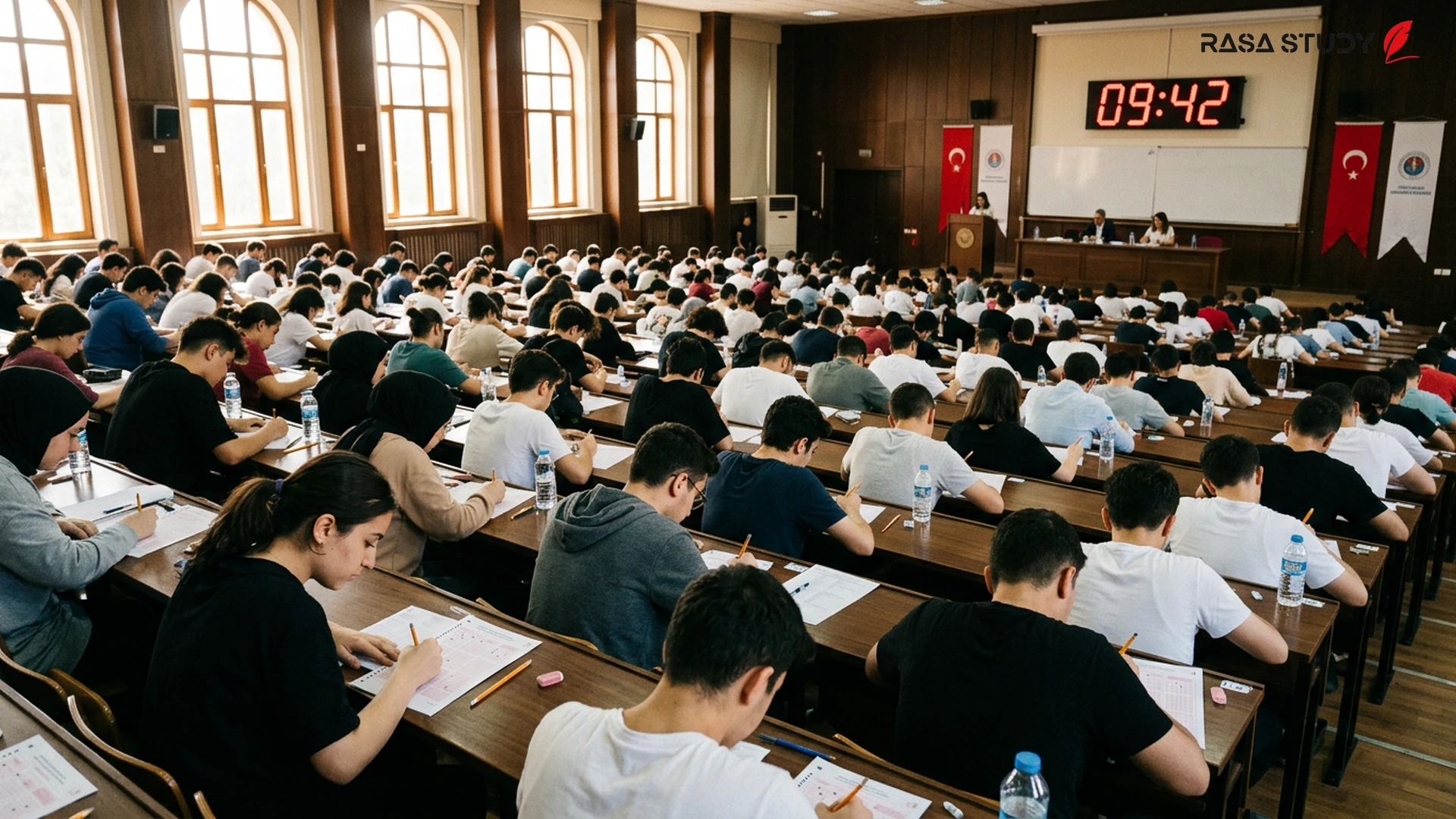 طلاب يشاركون في محاكاة امتحان YKS في إحدى القاعات الجامعية في تركيا
