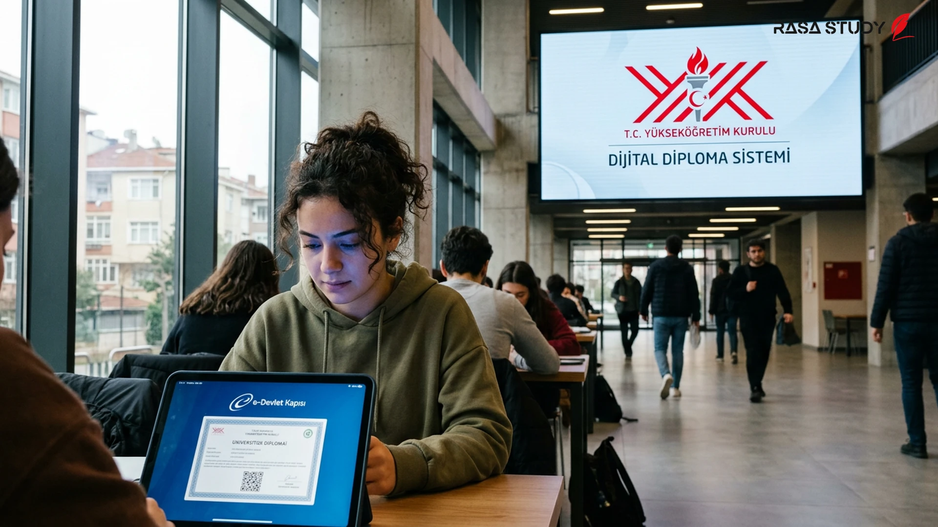 Yükseköğretim Kurulu binası ve e-Devlet sistemi sembolü