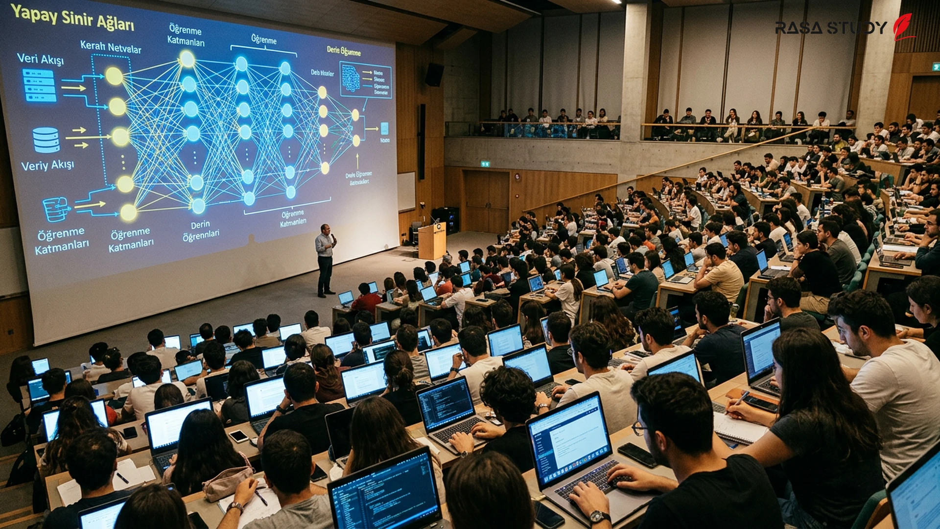 Students working with AI tools at a modern Turkish university