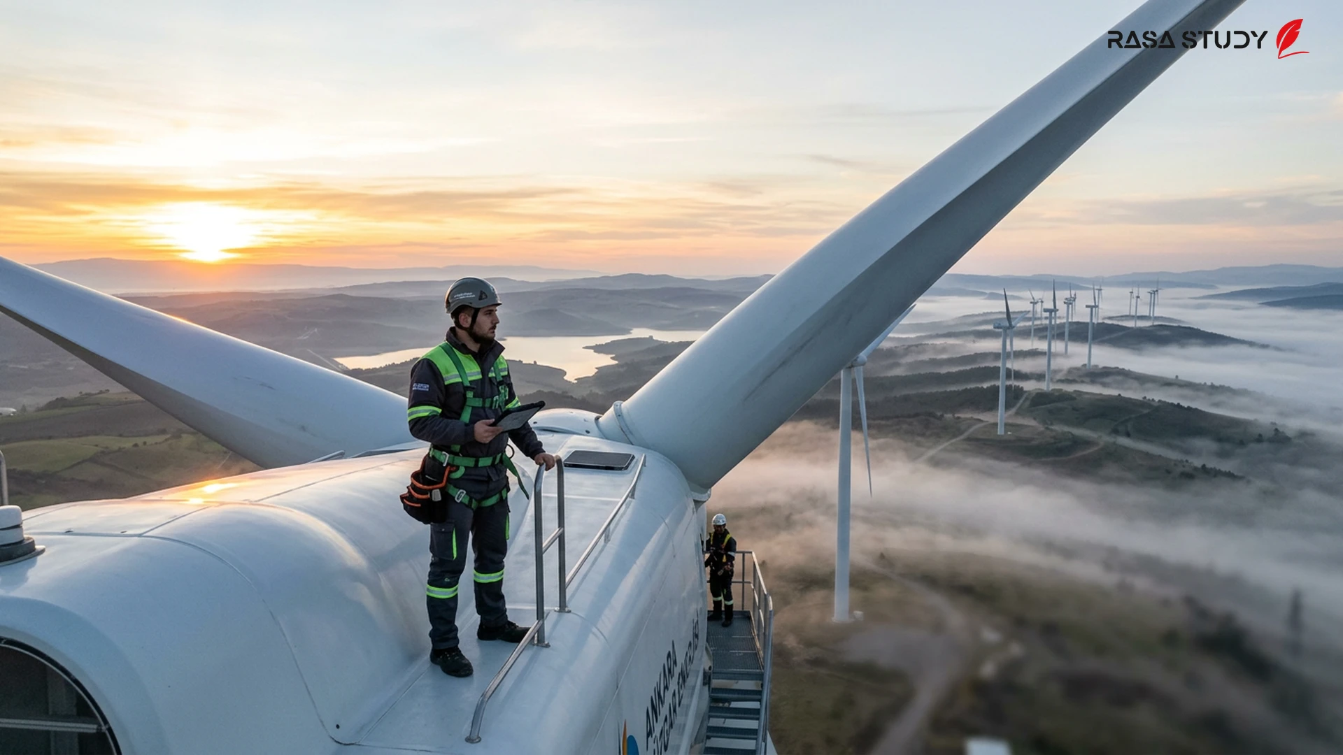 Rüzgar türbinleri üzerinde çalışan yeşil enerji teknisyenleri