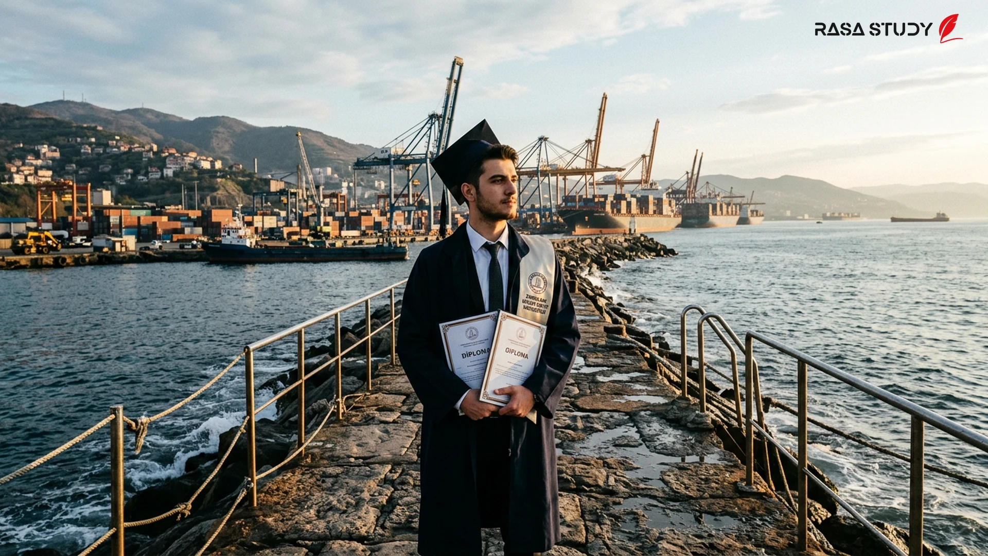 Symbolic image of academic success with Turkish and American flags
